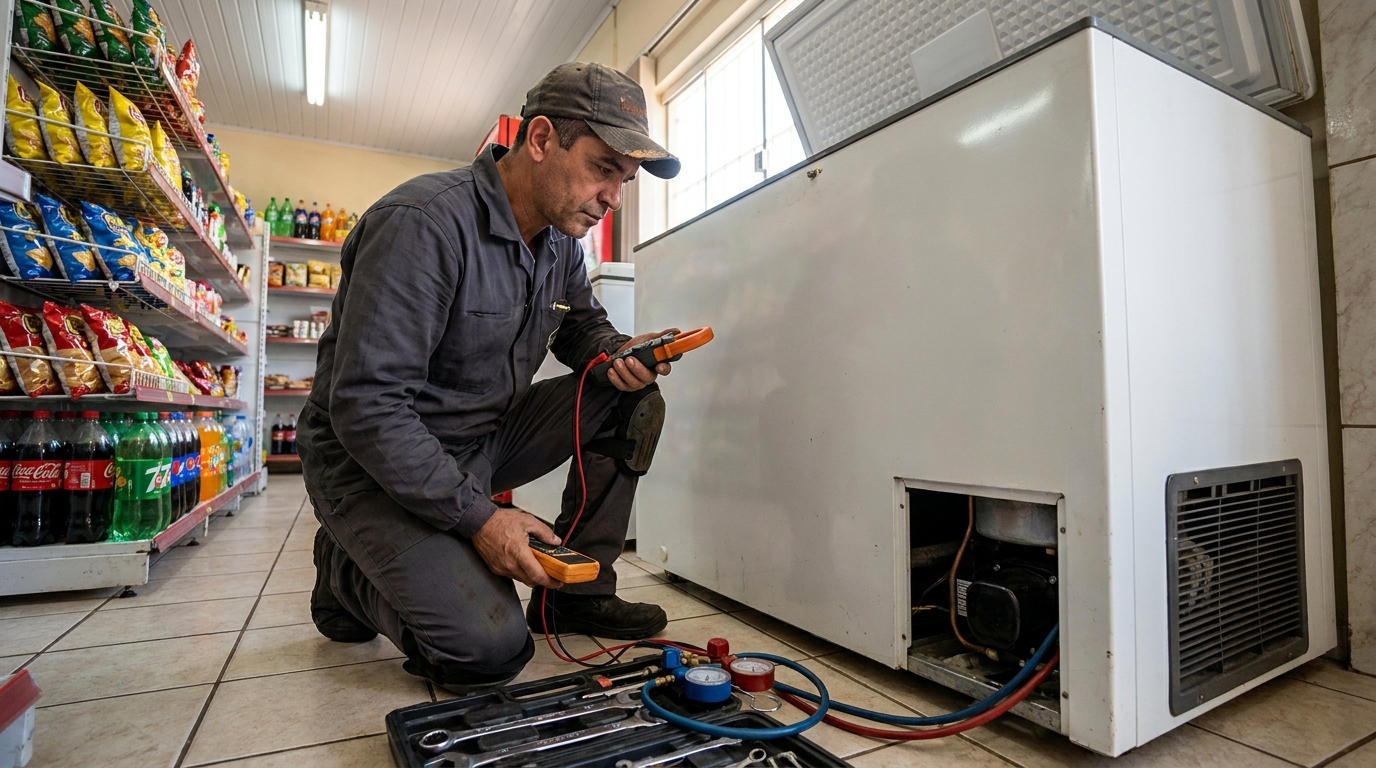 Reparo da placa eletrônica de um freezer em atendimento em Vitória‑ES