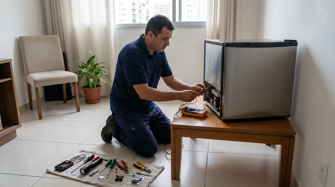 Técnico revisando o motor de um frigobar em Vitória‑ES