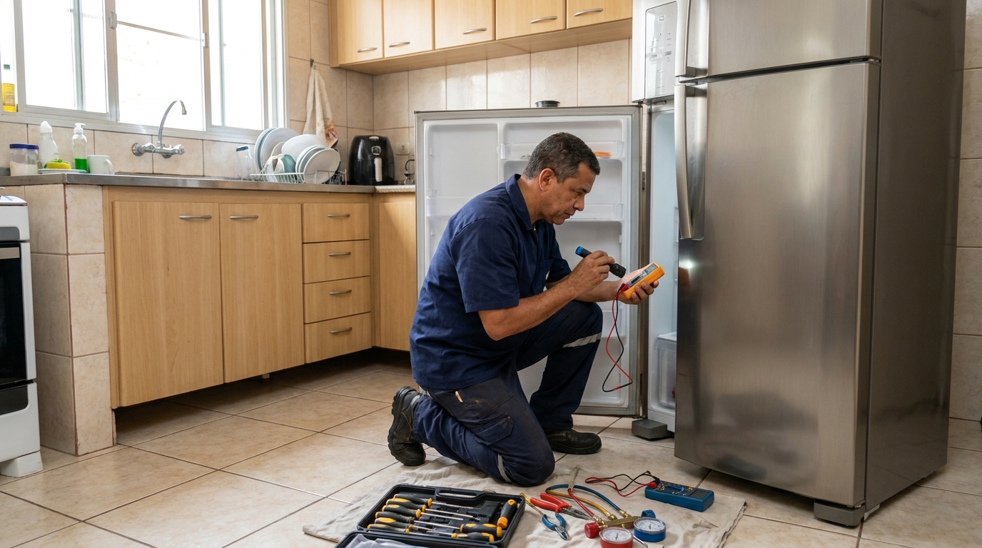 Técnico fazendo recarga de gás em geladeira de cliente em Vitória‑ES