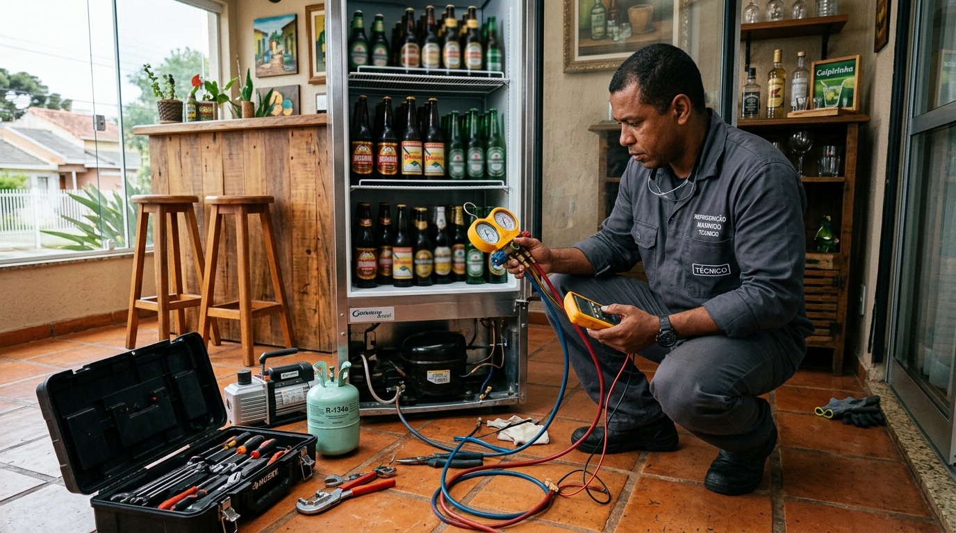 Técnico conferindo a temperatura de uma cervejeira durante atendimento em Vitória‑ES