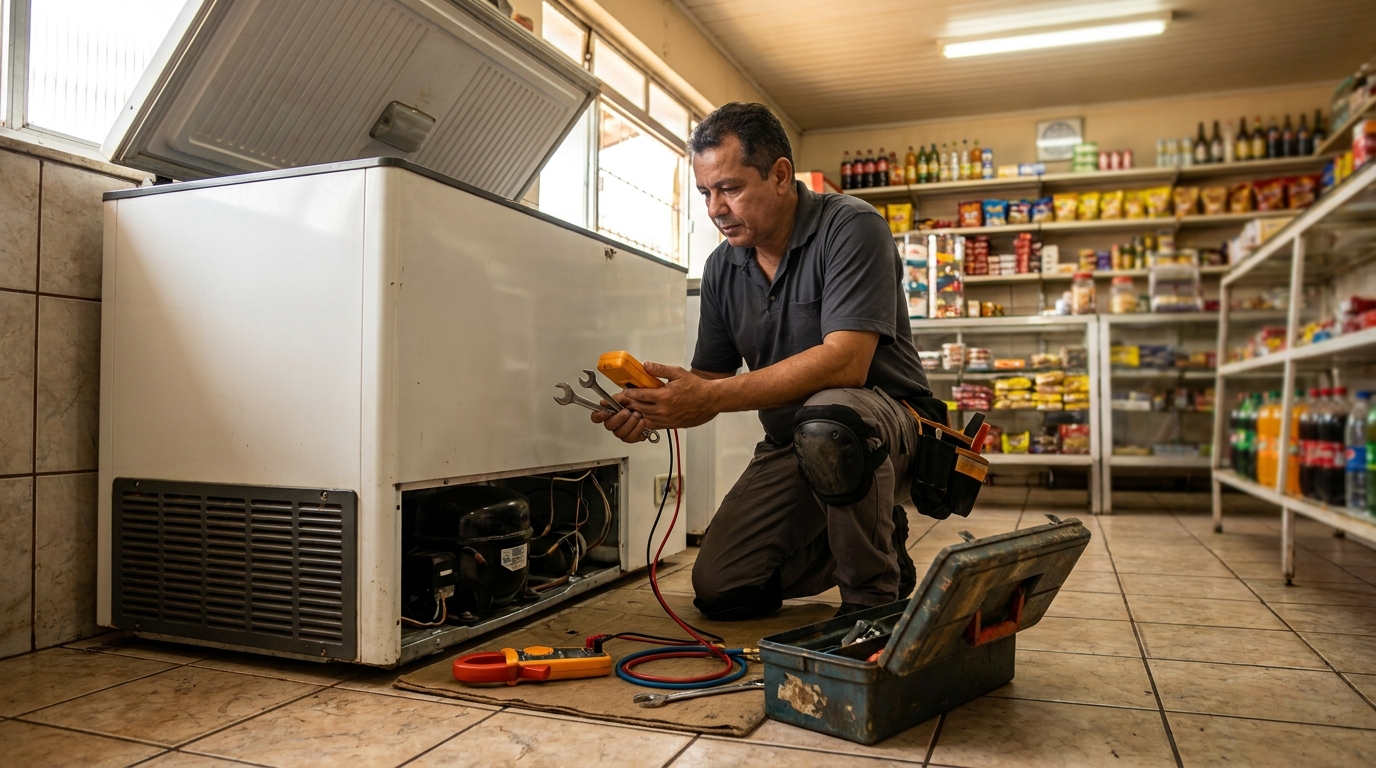 Técnico avaliando um freezer vertical durante atendimento em Vitória‑ES